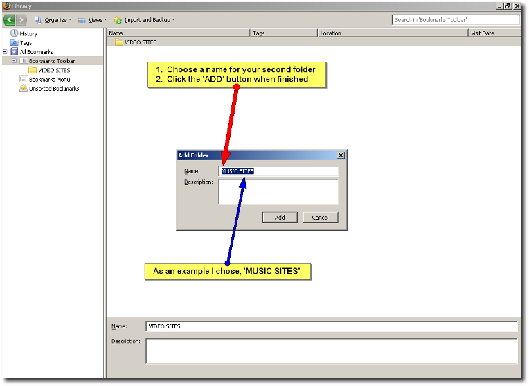 Choose a name for your second bookmarks folder and save it Create folders toolbar
