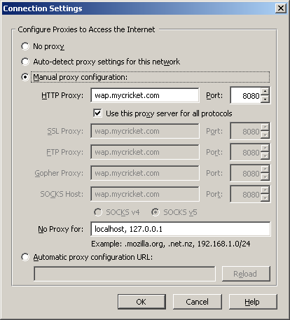Cricket modem proxy settings